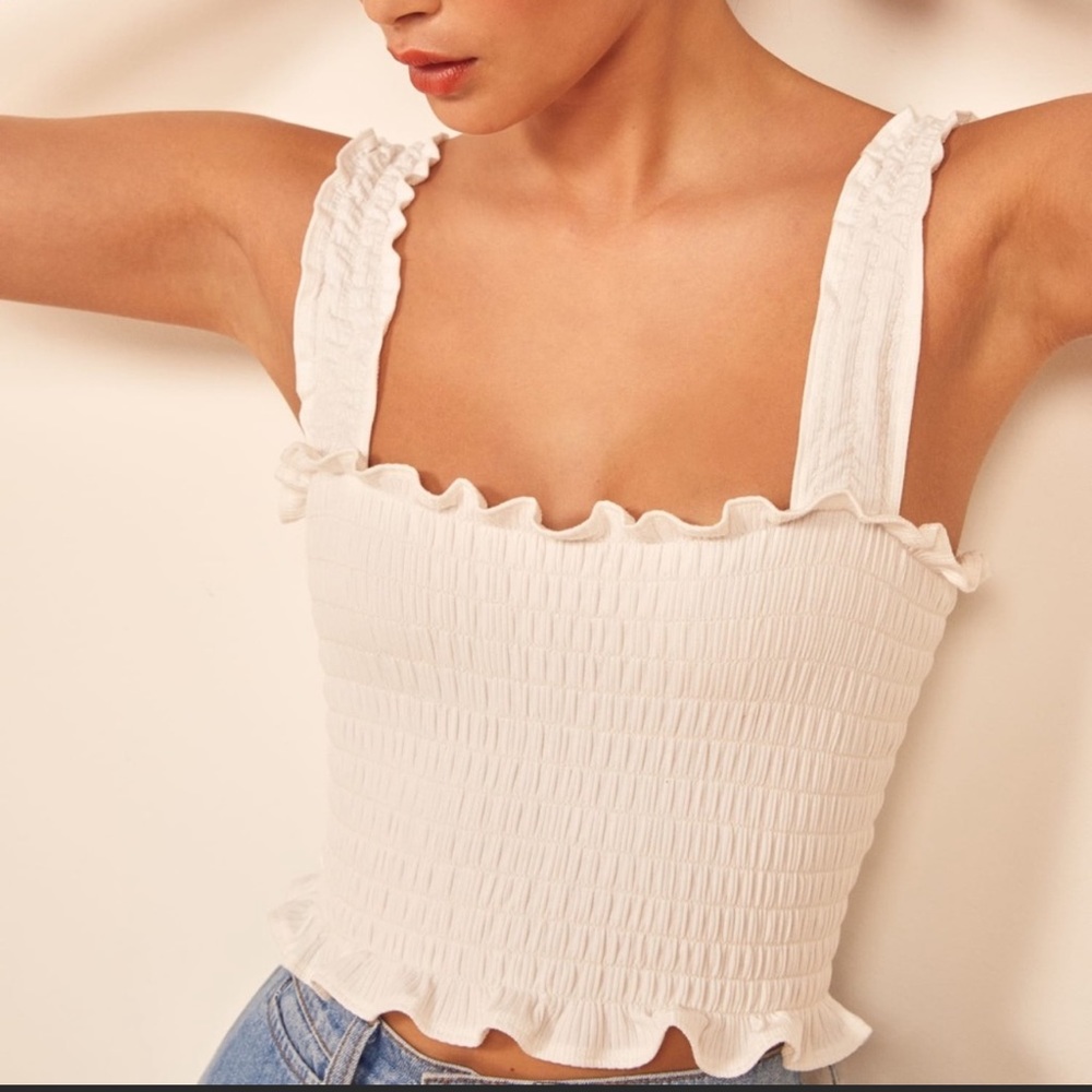 Reformation Cream Smocked Leonore Crop Top